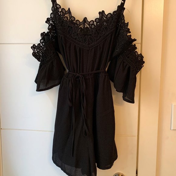 LF Black Lace Drop-Sleeve Romper - Picture 1 of 5